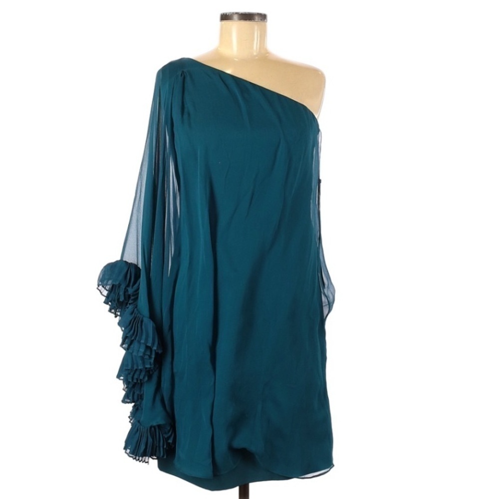 Mikael Aghal 100% Silk One Shoulder Teal Ruffle Sleeve Flowy Midi Dress Sz 6
